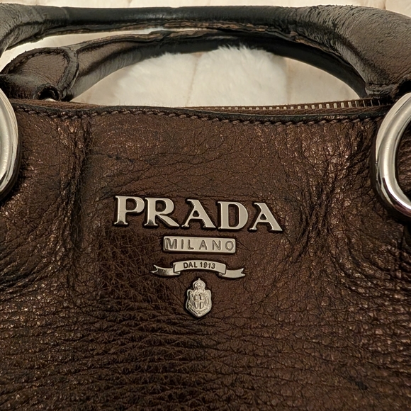 Prada Brown Vitello Daino Leather Medium Bauletto Logo Bag - Picture 2 of 14